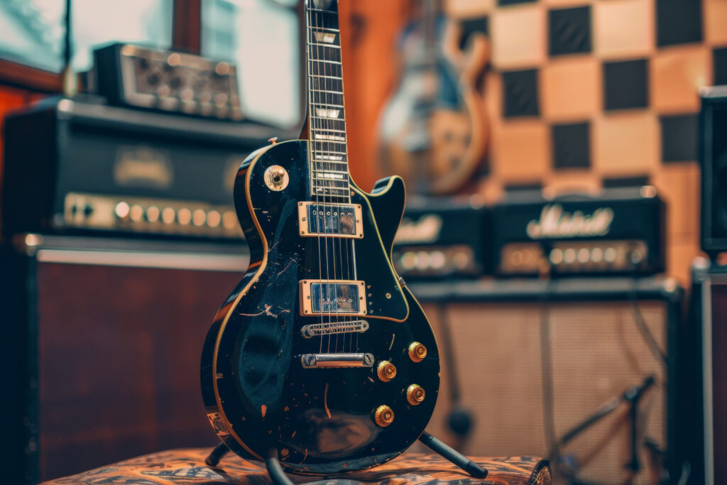 Black electric guitar on a stand in front of vintage amplifiers in a recording studio, highlighting a classic rock setup.