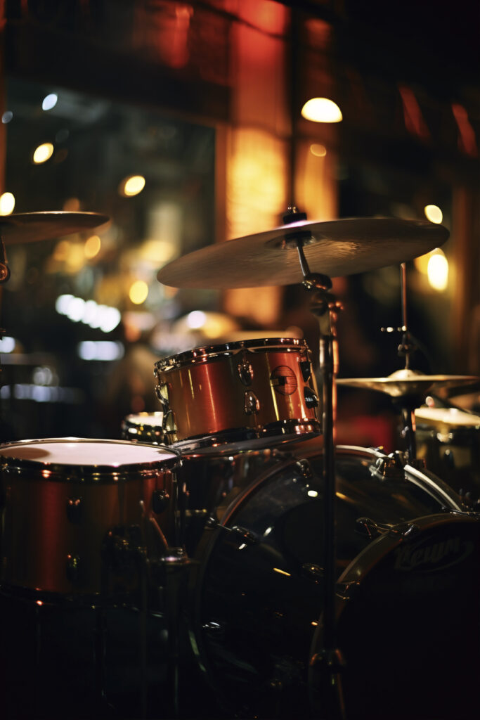 Close-up of a drum set with cymbals in a dimly lit music studio, capturing the essence of a live performance atmosphere.