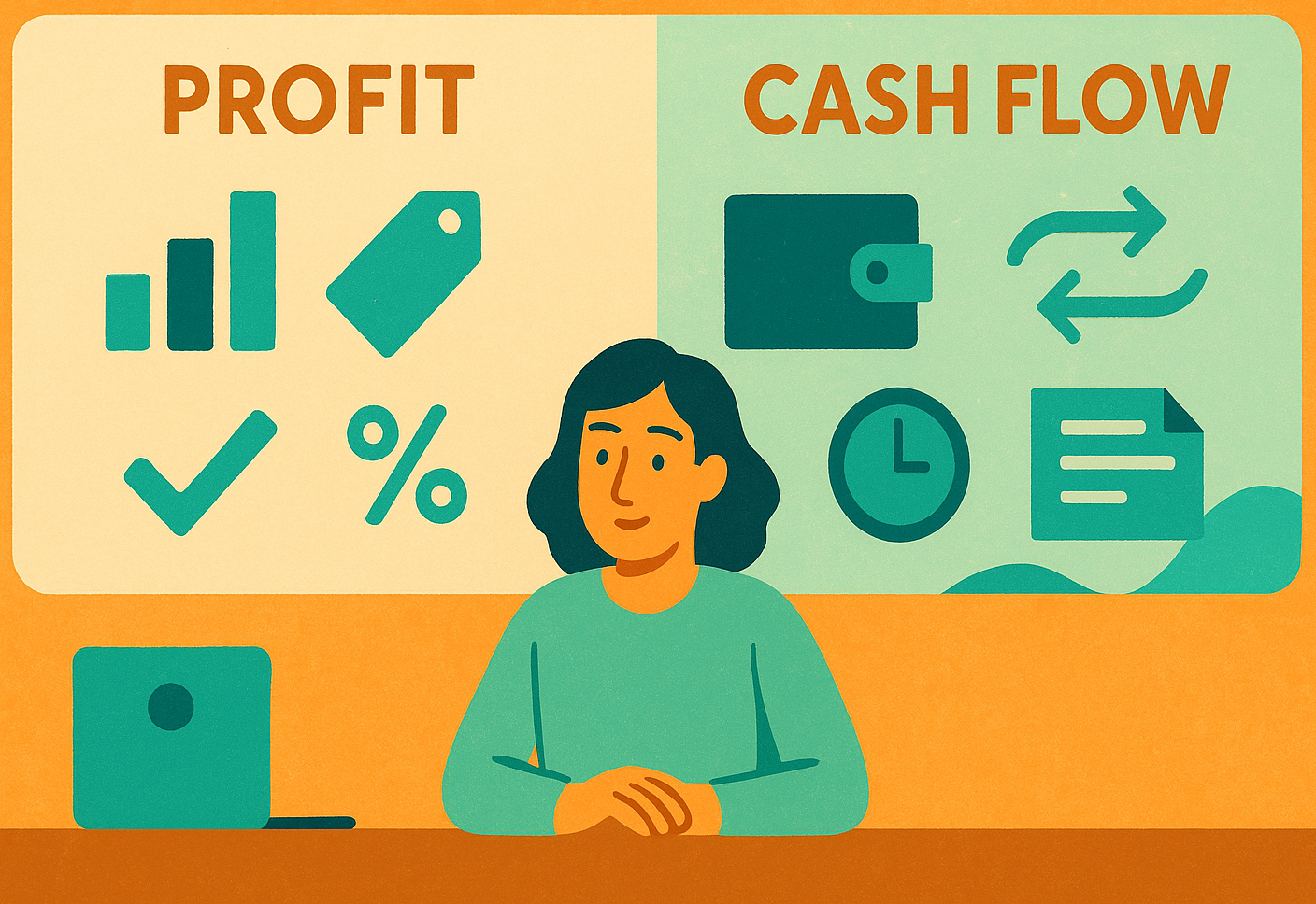 Illustration comparing profit and cash flow, with icons for revenue, pricing, and percentages on one side and wallet, time, and payment symbols on the other, with a business owner seated below.