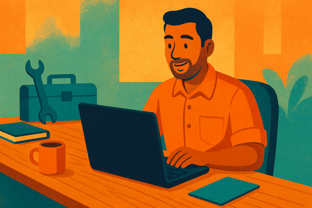 Illustration of a smiling technician at a laptop with a toolbox nearby, representing small business owners managing finances and cash flow.