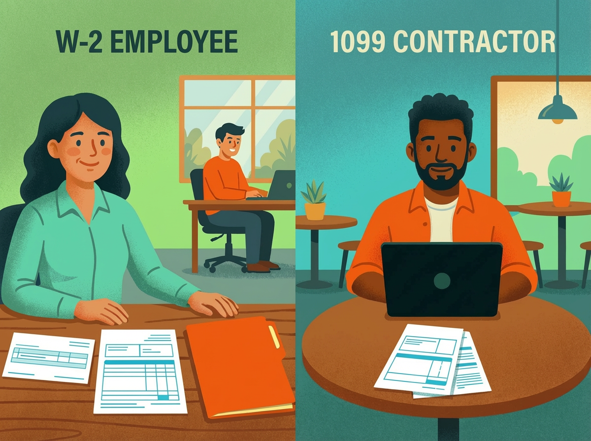 Side by side comparison showing W-2 employee and 1099 independent contractor managing their tax paperwork